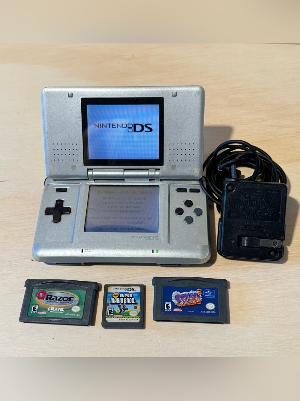Nintendo DS Silver w/Charge 3-Games/Super Mario Bros.Tested Good Read Info Blw!